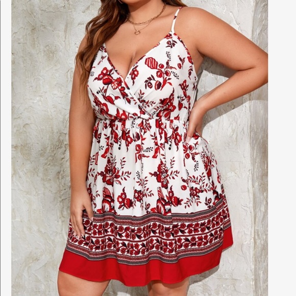 Boho Plus Size Floral Paisley Print Cami Dress RED - Picture 4 of 11